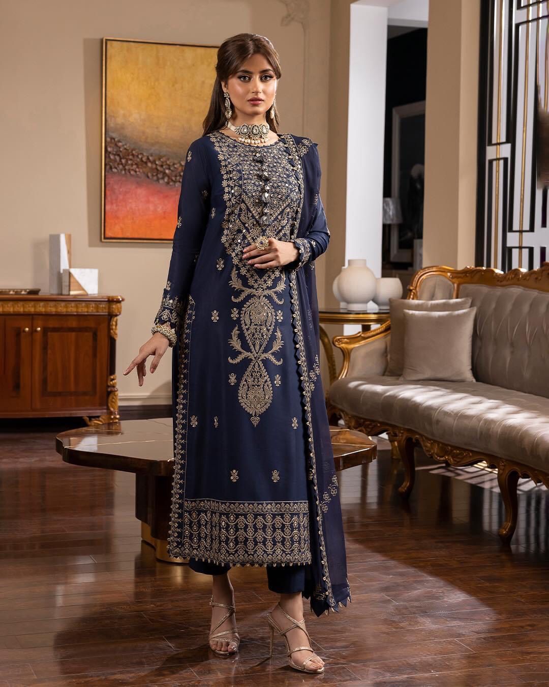 chiffon embroidered sequence hand embellished luxury unstitched 3pc✓