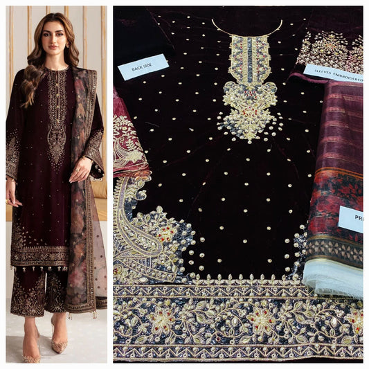Party wear luxury velvet unstitched 3 pc